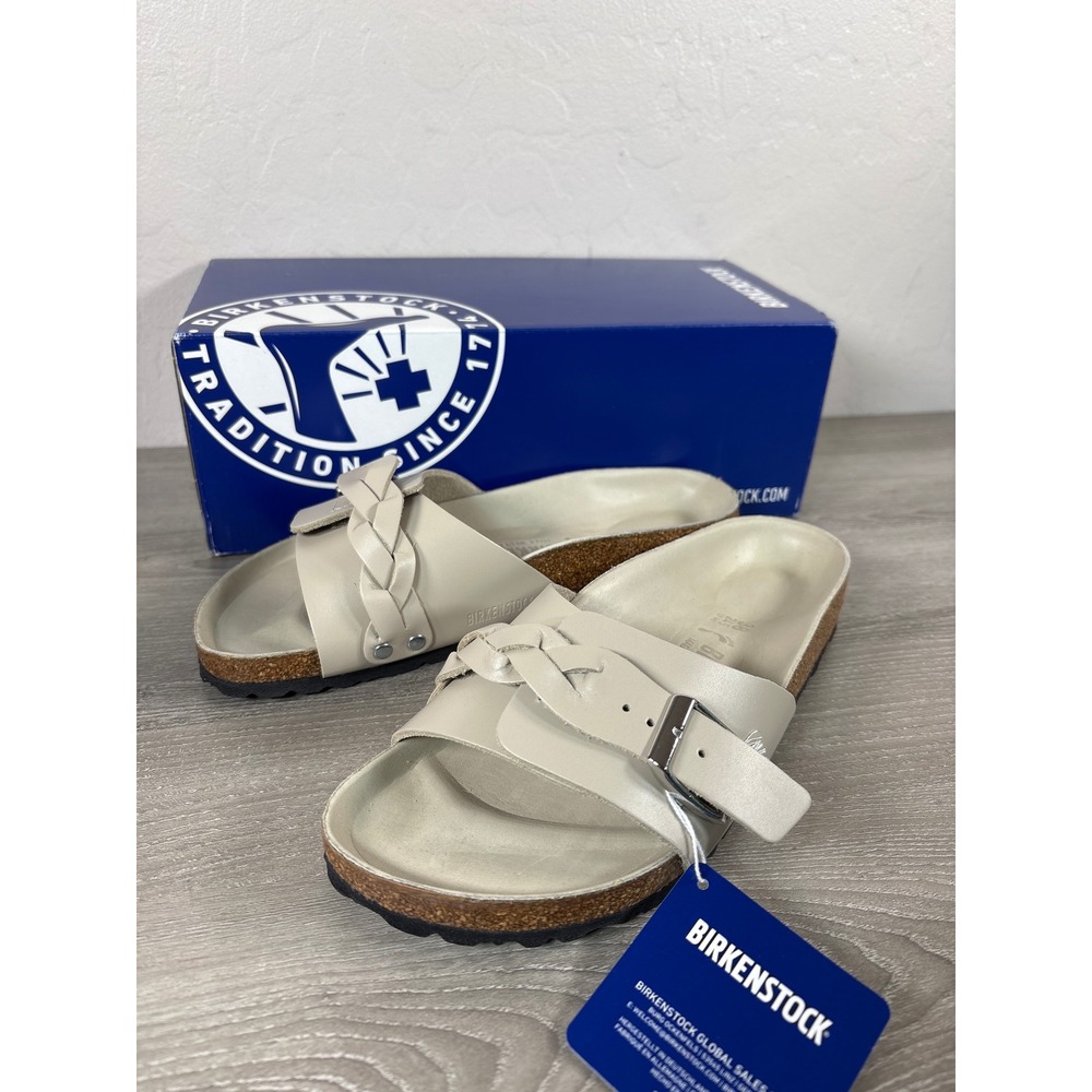 Birkenstock Oita Braided Leather Slide Sandals Oyster Beige EU 38 US 7 Narrow